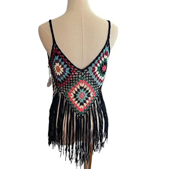 Crochet Granny Square Fringe Hem Hippie Boho Retro Cami Crop Top - Picture 4 of 6